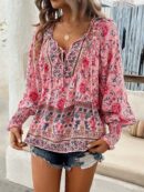 Blusa Floral con Lazada al Cuello y Mangas Farol