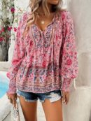 Blusa Floral con Lazada al Cuello y Mangas Farol