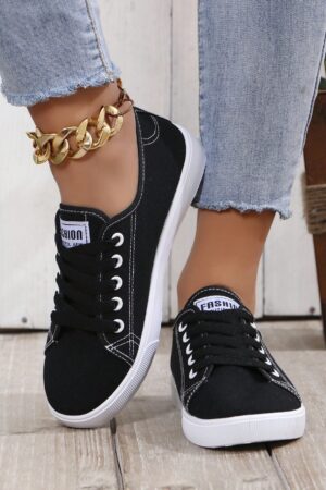 Zapatillas Deportivas de Lona Negra y Blanca, Estilo Universitario