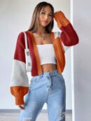 Cardigan Largo con Hombros Caídos y Diseño Colorblock