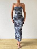 Vestido Strapless Tie Dye con Abertura Lateral y Ruched