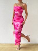 Vestido Strapless Tie Dye con Abertura Lateral y Ruched