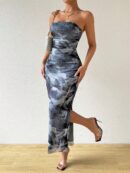 Vestido Strapless Tie Dye con Abertura Lateral y Ruched