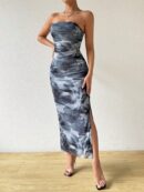 Vestido Strapless Tie Dye con Abertura Lateral y Ruched