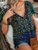 Blusa Floral de Manga Corta con Lazo en el Cuello