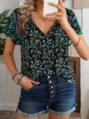 Blusa Floral de Manga Corta con Lazo en el Cuello