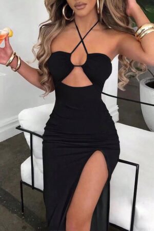 Vestido Largo Halter Sin Mangas con Espalda Descubierta y Abertura Lateral