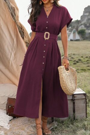 Vestido Maxi con Botones y Mangas Murciélago