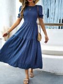 Vestido Maxi Clásico Negro con Mangas Puff y Ruedo de Volantes
