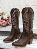 Botas de Vaquero Bordadas con Tacón Grueso y Punta Afilada