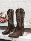 Botas de Vaquero Bordadas con Tacón Grueso y Punta Afilada