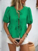 Blusa Casual de Cuello Redondo con Volantes y Manga Corta