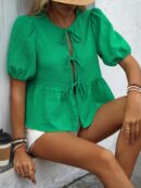 Blusa Casual de Cuello Redondo con Volantes y Manga Corta
