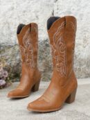 Botas de Vaquero Bordadas con Tacón Grueso y Punta Afilada