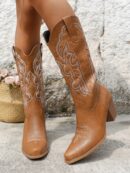 Botas de Vaquero Bordadas con Tacón Grueso y Punta Afilada