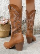 Botas de Vaquero Bordadas con Tacón Grueso y Punta Afilada