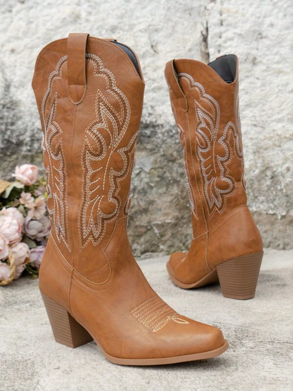 Botas de Vaquero Bordadas con Tacón Grueso y Punta Afilada - Image 22