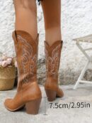 Botas de Vaquero Bordadas con Tacón Grueso y Punta Afilada