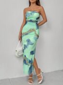 Vestido Strapless Elegante Con Abertura Lateral y Diseño de Malla