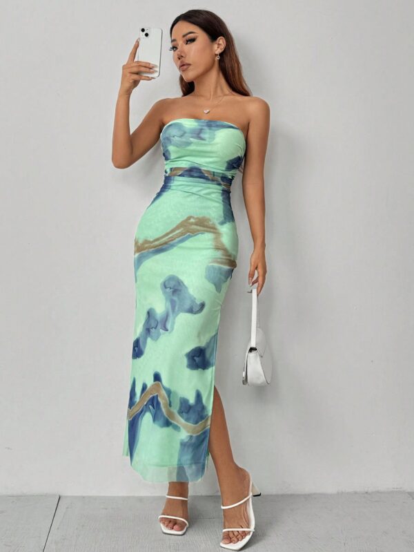 Vestido Strapless Elegante Con Abertura Lateral y Diseño de Malla - Image 6