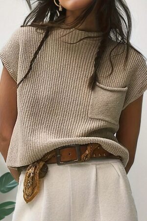 Top de Punto con Bolsillo y Mangas Cortas para Mujer