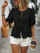 Blusa Casual de Cuello Redondo con Volantes y Manga Corta