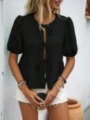 Blusa Casual de Cuello Redondo con Volantes y Manga Corta