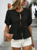 Blusa Casual de Cuello Redondo con Volantes y Manga Corta