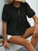 Blusa Casual de Cuello Redondo con Volantes y Manga Corta