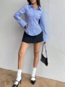 Camisa Casual a Rayas de Manga Larga con Cintura Ajustada