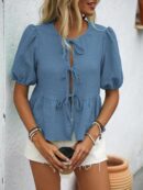 Blusa Casual de Cuello Redondo con Volantes y Manga Corta