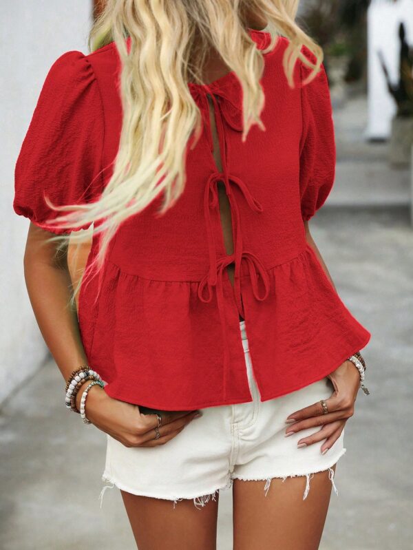 Blusa Casual de Cuello Redondo con Volantes y Manga Corta - Image 8