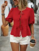Blusa Casual de Cuello Redondo con Volantes y Manga Corta
