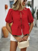 Blusa Casual de Cuello Redondo con Volantes y Manga Corta