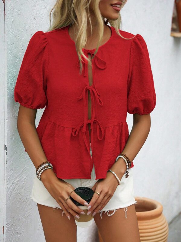 Blusa Casual de Cuello Redondo con Volantes y Manga Corta - Image 12