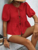 Blusa Casual de Cuello Redondo con Volantes y Manga Corta