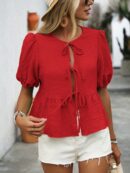 Blusa Casual de Cuello Redondo con Volantes y Manga Corta
