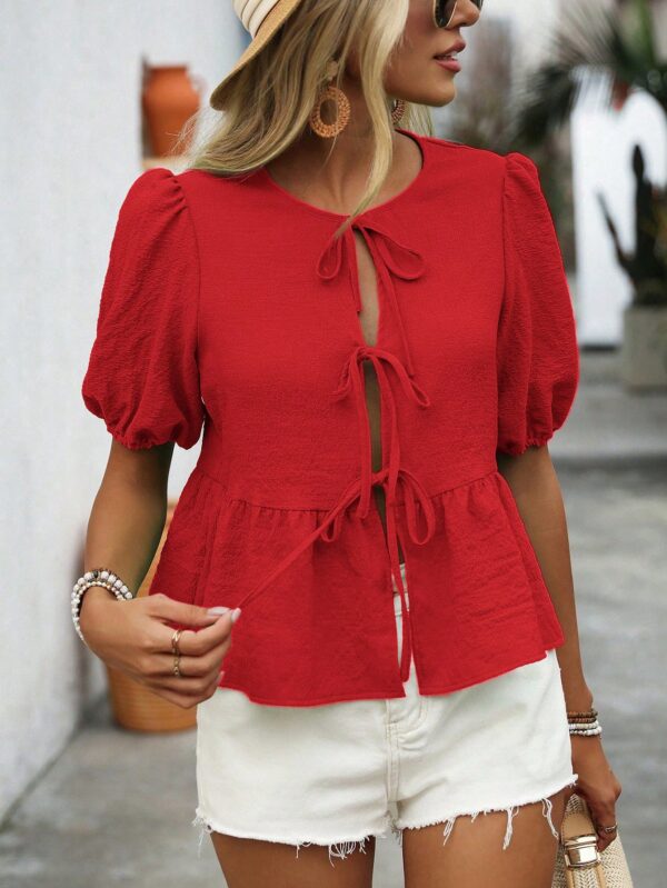 Blusa Casual de Cuello Redondo con Volantes y Manga Corta - Image 14