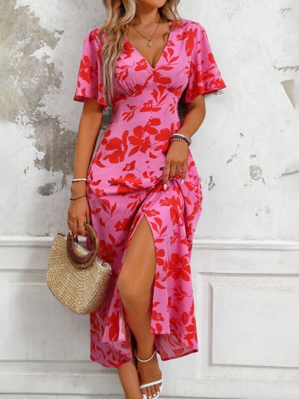 Vestido Largo Elegante de Estampado Tropical con Escote en V y Volantes - Image 7