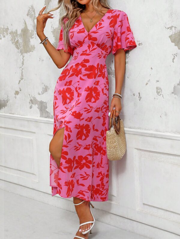 Vestido Largo Elegante de Estampado Tropical con Escote en V y Volantes - Image 9