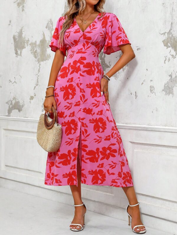 Vestido Largo Elegante de Estampado Tropical con Escote en V y Volantes - Image 10