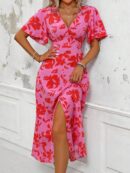 Vestido Largo Elegante de Estampado Tropical con Escote en V y Volantes