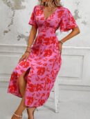 Vestido Largo Elegante de Estampado Tropical con Escote en V y Volantes