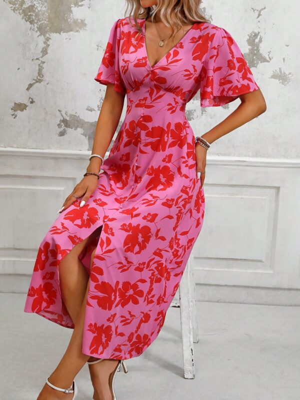 Vestido Largo Elegante de Estampado Tropical con Escote en V y Volantes - Image 13