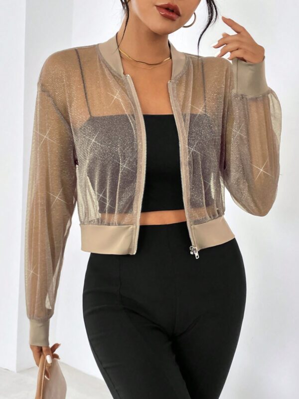 Chaqueta Bomber de Malla con Cierre y Hombros Caídos - Image 9