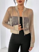 Chaqueta Bomber de Malla con Cierre y Hombros Caídos