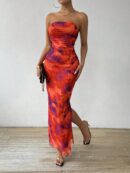 Vestido Strapless Tie Dye con Abertura Lateral y Ruched