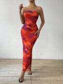 Vestido Strapless Tie Dye con Abertura Lateral y Ruched