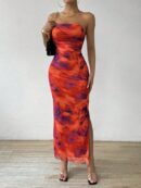 Vestido Strapless Tie Dye con Abertura Lateral y Ruched