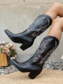 Botas de Vaquero Bordadas con Tacón Grueso y Punta Afilada